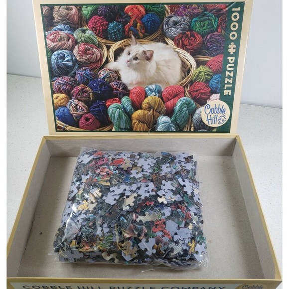 Cobble Hill 1000 piece Jigsaw Puzzle FUR BALL White Cat with Yarn Baskets - Picture 4 of 8
